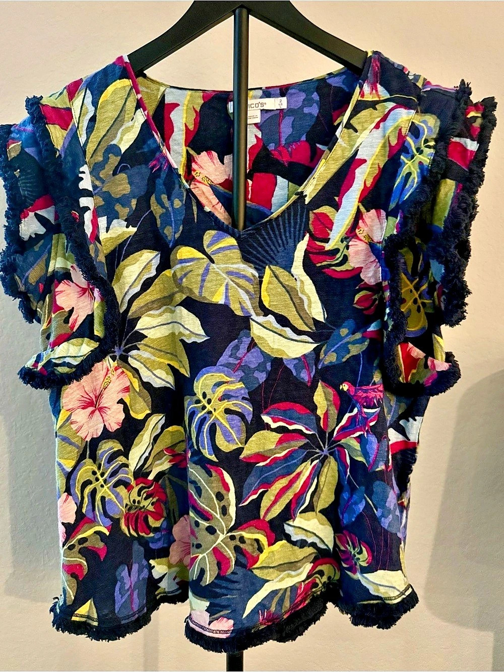 Chico's Linen Flutter Sleeve Wild Rainforest Tropical Fringe Blouse Top Size 2 L